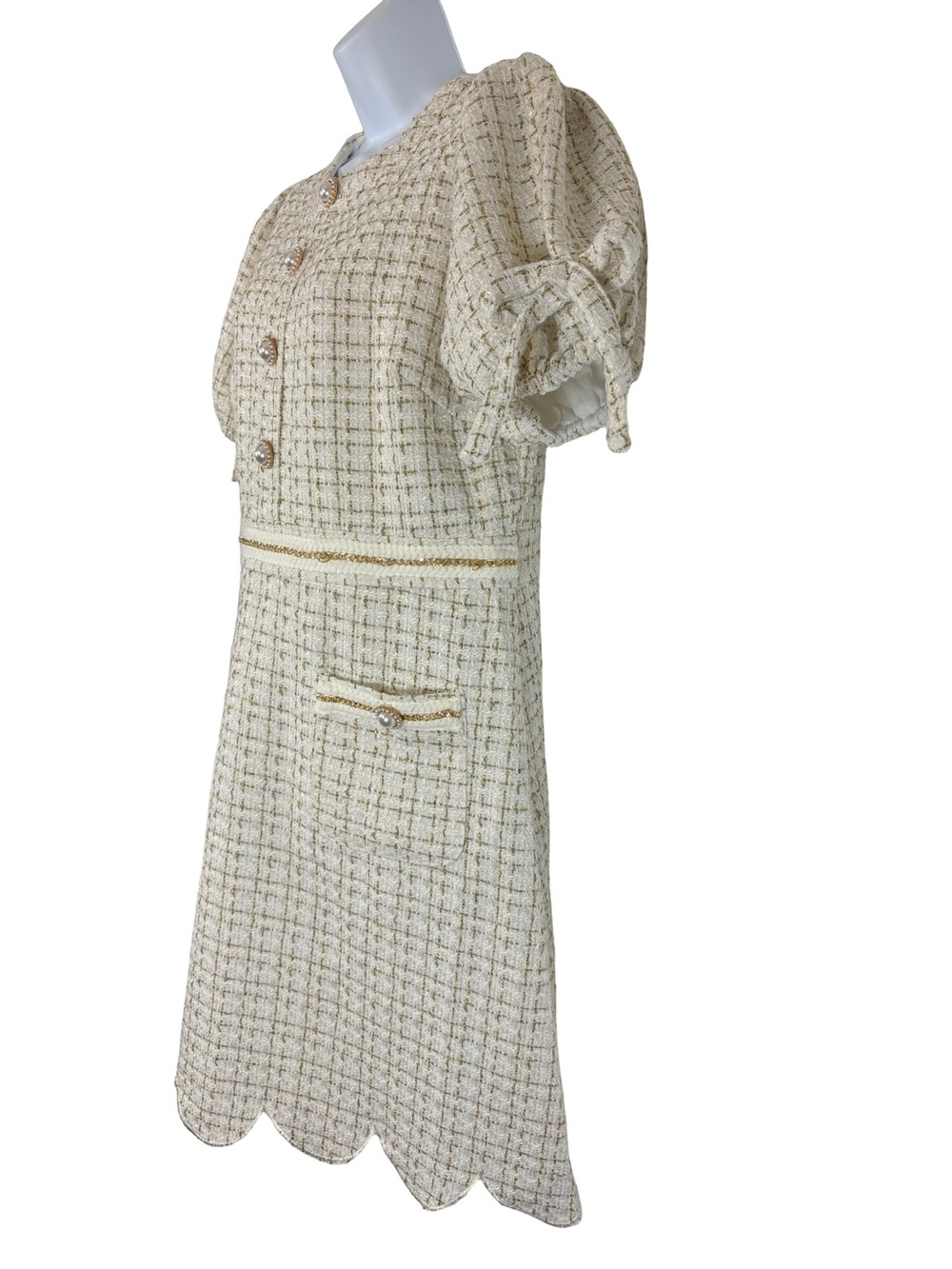 Simply Southern Cream Tweed Puff-Sleeve Scalloped Hem Mini Dress SzL - Picture 4 of 16